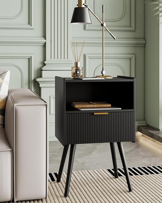 Nightstand,Modern Bedside Table with Storage Drawer and Open Wood Shelf, Accent Night Stand with Solid Wood Legs for Living Room, Bedroom and Small Spaces,Easy Assembly (Black)-Ruum Studio Home