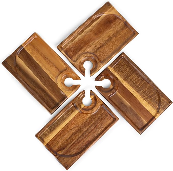 PICNIC TIME Rectangle Wine Appetizer Plates Set of 4, Cocktail Plate with Glass Holder, Cheese Board with Wine Holder, (Acacia Wood)-Ruum Studio Home