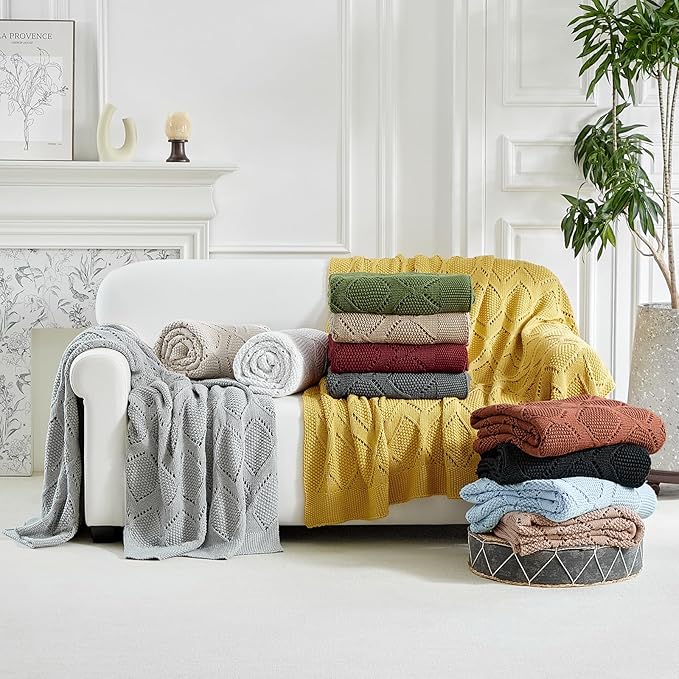 Longhui bedding Chunky Cotton Knit Throw Blanket for Couch, Sofa, Bed, or Chair, Decorative Breathable Fall Cable Knit Blanket 51 x 63 Inches, Medium Weight Mustard Yellow-Ruum Studio Home