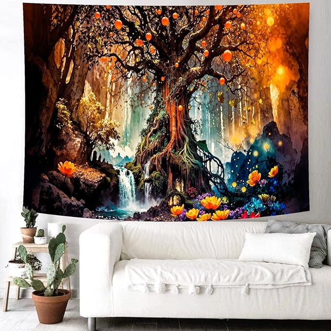 Delur Magical Forest Tapestry Fantasy Tree of Life Fairy Tale Enchanted Mystical Forest Tapestry Psychedelic Nature Landscape Wall Hanging Headboard for Bedroom Living Room Home Decor (51.2" x 59.1")-Ruum Studio Home