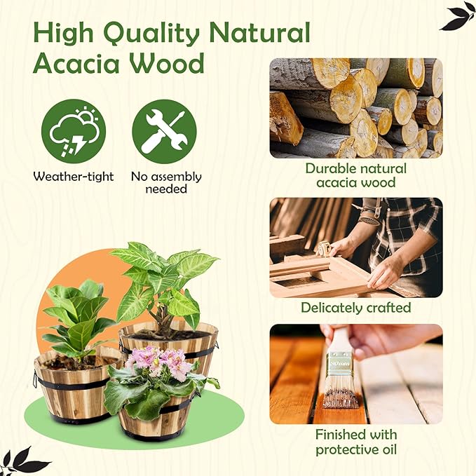 Idzo Set of 3 Wooden Flower Boxes Outdoor, Durable Acacia Wood Barrel Planters for Outdoor Plants with Ergonomic Handles, Drainage Holes, Multiple Sizes Wood Bucket Planter for Home Decor-Ruum Studio Home