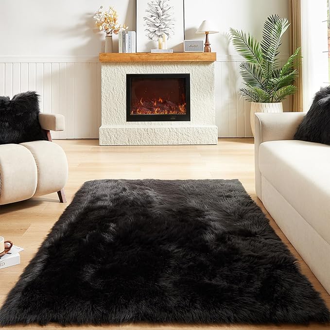 AMTOVO Faux Fur Sheepskin Rug for Living Room, 4 x 6 ft Black Fluffy Area Rug for Bedroom, Playroom, Luxury Room Decor, Rectangle-Ruum Studio Home