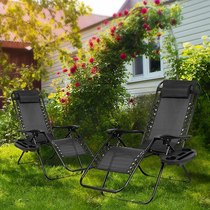 Nazhura Set of 2 Relaxing Recliners Patio Chairs Adjustable Steel Mesh Zero Gravity Lounge Chair Beach Chairs with Pillow and Cup Holder Black-Ruum Studio Home