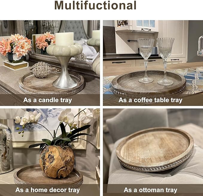 Round Wood Decorative Tray - Brown Washed Bead Tray for Coffee Table Wood Serving Tray Wooden Trays Decor Kitchen Counter Circle Tray Vintage Centerpiece for Living Room Candle Holder (15.75 inch)-Ruum Studio Home