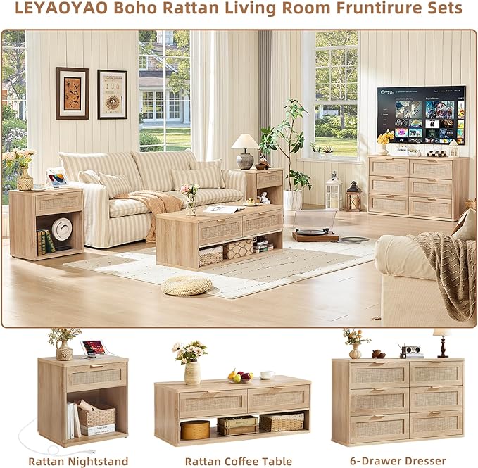 LEYAOYAO Boho Rattan Coffee Table Sets 3 Pieces, Nightstand with Charging Station and Coffee Table with Hidden Storage Compartment, Natural Living Room Table Set, Wood Furniture Sets for Home Office-Ruum Studio Home
