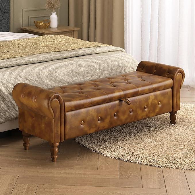 Storage Ottoman Bench for Bedroom, 52" Leather End of Bed with Rolled Arms, Upholstered Ottoman Fit for Living Room, Entryway, Faux Leather Brown-Ruum Studio Home