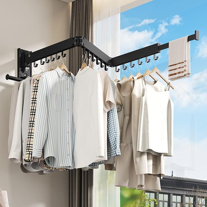 Drying Rack Clothing, Retractable Clothes Drying Rack,Wall Mounted Laundry Rack, Laundry Drying Rack Wall Mount,Collapsible Clothes Rack,can Fold Upward & Left & Right,Black Color-Ruum Studio Home