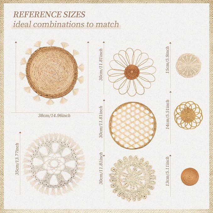 Boho Wall Basket Decor Set of 8 - Flat Woven Basket Wall Hanging Decor,Round Tassels White Macrame Tapestry Wall Decor Art,Handmade Rattan Wicker Seagrass Home Wall Baskets Decor（Boho Classic)-Ruum Studio Home