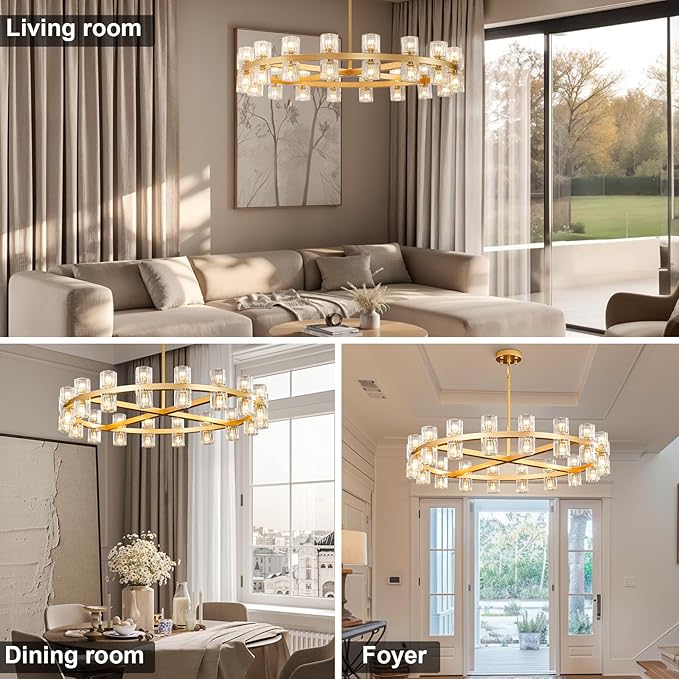 Modern 36" Gold Round Chandelier Light Fixture, K9 Crystal Chandeliers for Dining Room, Living Room, Dining Room Chandeliers Over Table, Chandelier for Bedroom, Foyer, Includes 36XG4 Bulbs-Ruum Studio Home