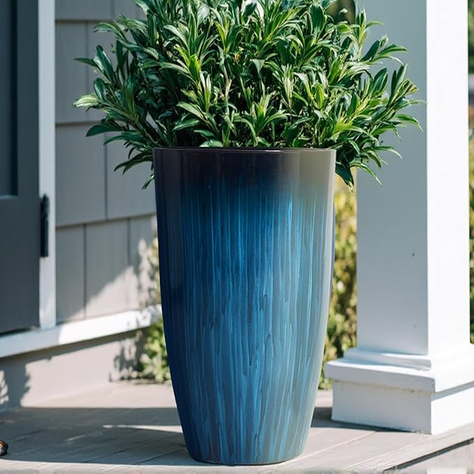 Worth Garden 20" H. Large Plastic Planters - Set of 2 Gradient Blue Glossy Smooth Finish - Tall Plant Pots for Indoor & Outdoor Use - Decorative Lightweight Flower Pots for Front Porch, Patio, Deck-Ruum Studio Home