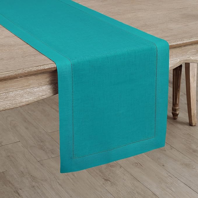 Solino Home Linen Teal Table Runner 132 Inches Long - 100% Pure Linen Extra Long Table Runner 14 x 132 Inch for Fall, Autumn - Classic Hemstitch-Ruum Studio Home