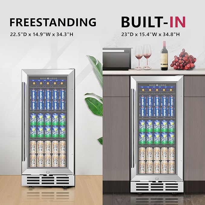 15'' Beverage Refrigerator Cooler - 126 Cans Under Counter Beverage Fridge with LED Light, Built-in Design, Wine Cooler for Home/Kitchen-Ruum Studio Home