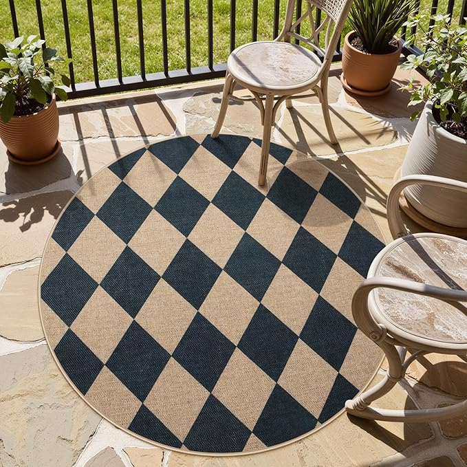 Lahome Checkered Round Entryway Rug 4ft, Circle Indoor Outdoor Patio Rug Washable Farmhouse Easy Jute Kitchen Rugs, Contemporary Non Slip Round Carpet for Bedroom Front Porch-Ruum Studio Home