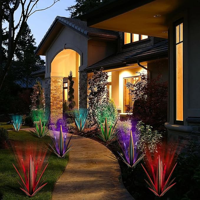 Large Tequila Rustic Sculpture, Rustic Metal Agave Plants for Outdoor, Metal Agave Garden Yard Statue, Outdoor Lawn Ornaments Yard Stakes (Rusty - L (W/Solar Light))-Ruum Studio Home