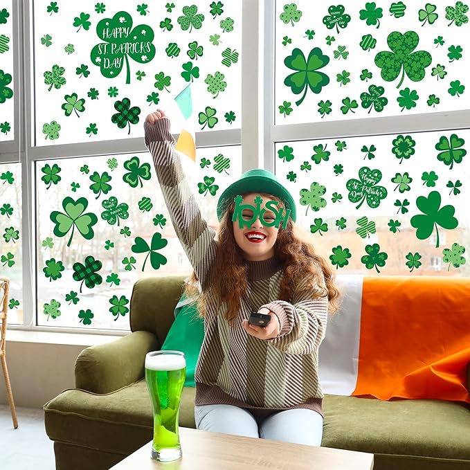 9 Sheets St Patricks Day Window Clings, 115 PCS St Patrick's Day Shamrock Window Stickers for St Patricks Day Decorations, Green Static Spring Window Clings for Glass Windows St Patricks Day Decor-Ruum Studio Home