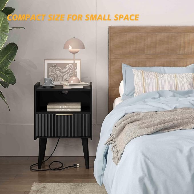 Fluted Nightstand with Charging Station, Modern Bedside Table with Drawer,Black Nightstand with Solid Wood Legs, End Table,Side Table for Living Room,Bedroom Black CTG57BKE-Ruum Studio Home