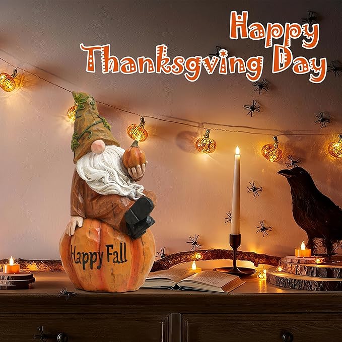 Topadorn Fall Garden Gnome Figurine Sitting on Pumpkin Statue Autumn Harvest Garden Gnomes Statue Figurine for Patio Yard Lawn Porch Decoration, Happy Fall-Ruum Studio Home