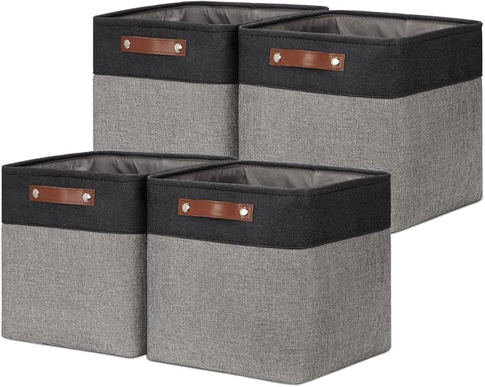 DULLEMELO Cube Collapsible Storage Bins, 12 inch Fabric Storage Cubes Bins Canvas Organization Baskets, Linen Closet Organizers Boxes for Home Organization and Storage (4 Pack - 12" Black&Grey)-Ruum Studio Home
