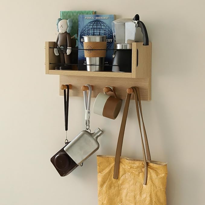 Entrance Coat Rack ，Coat Hooks, Wall-Mounted Wooden Hook Rack, Wall-Mounted Shelves are Very Suitable (Oak Colored Finish-A)-Ruum Studio Home