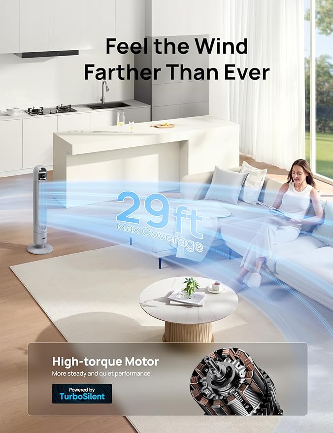 Dreo Tower Fan for Bedroom, 90° Oscillating Fan, Standing Fan with 3 Modes, 4 Speeds, 8H Timer Cooling Fans for Home, Living Room, Office, Grey, TF117-Ruum Studio Home
