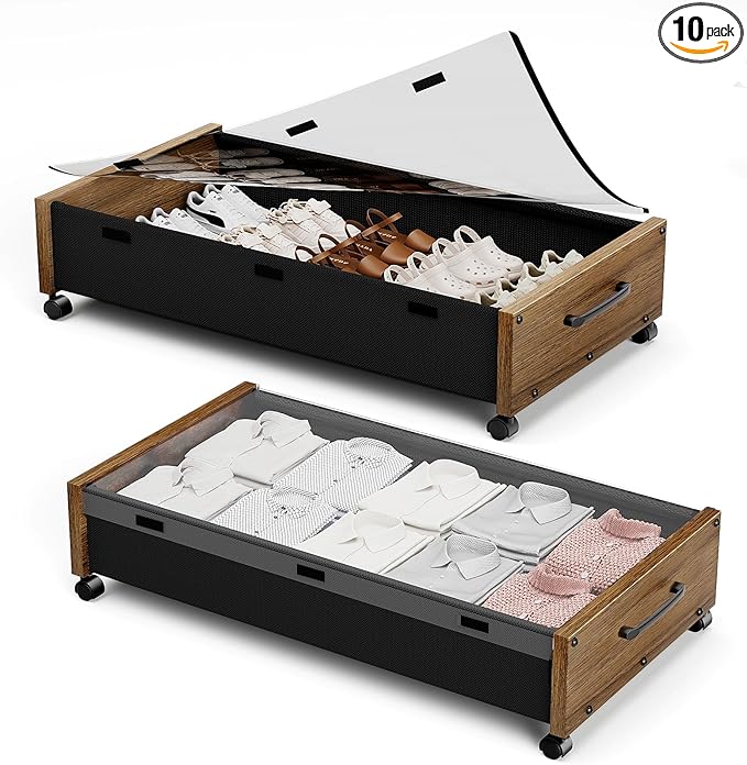 Wooden Under Bed Storage with Wheels, Rolling Under the Bed Storage Bins with Removable Lid, Metal Under Bed Drawers for Clothes and Shoes in Bedroom or Living Room(Walnut Brown-2pack)-Ruum Studio Home