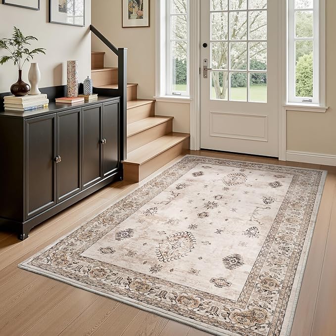AMOAMI-Vintage Area Rug 4x6 Brown Rugs for Living Room-Soft Living Room Rug Non Slip Rugs for Bedroom Carpet Machine Washable Rug for Dining Room Bedside Office Room Decor-Ruum Studio Home