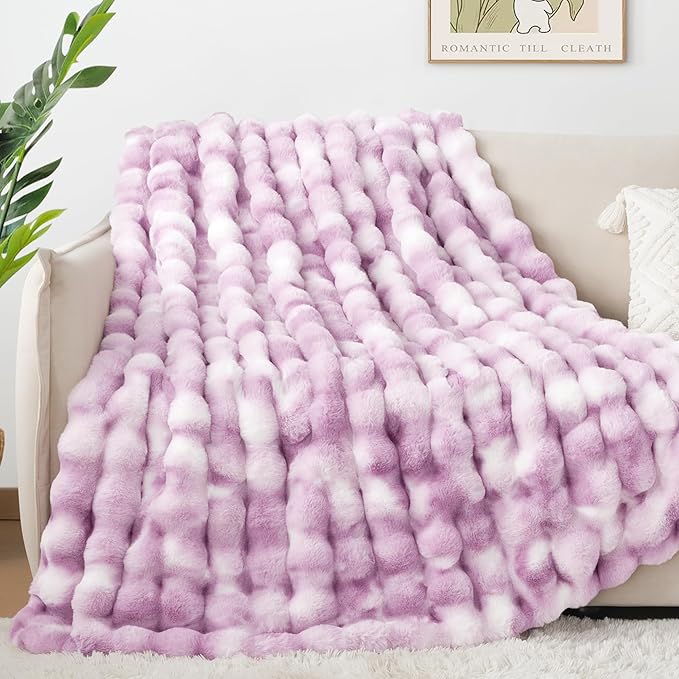Touchat Luxury 1000GSM Faux Rabbit Fur Throw Blanket for Women, Super Heavy Warm Cozy Blankets for Couch Bed Sofa, Bubble Plush Fuzzy Soft Mink Blanket for Living Room Bedroom, Purple-Ruum Studio Home