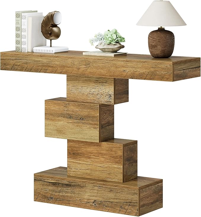 Tribesigns 42.5" Farmhouse Console Table, Narrow Wood Sofa Table Behind Couch with Geometric Base, Industrial Entryway Accent Table for Living Room, Hallway, Entrance (Light Brown)-Ruum Studio Home