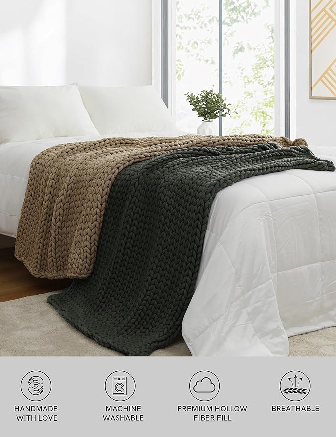 YnM Chunky Throw Blanket, Medium-Weight, Hand Knitted, Skin Friendly, Ventilated and Breathable, Machine Washable, Home Décor Piece for Couch, Sofa and Bed (Olive, 50x70 Inch)-Ruum Studio Home