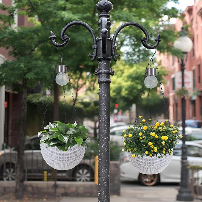 Hanging Pots for Plants Outdoor - 2 Pack White Artificial Rattan Solar Flower Baskets with Drainage Holes & Removable Tray, Garden Gifts for Women/Mothers, Porch, Balcony Decor-Ruum Studio Home