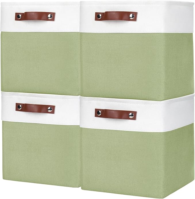 Collapsible Fabric Storage Cubes 11x11 Cube Storage Bins, 4 Pack Closet Baskets Box with Handles for Organizing, Shelf, Toys, Clothes, Home, Office, Nursery (Green&White)-Ruum Studio Home