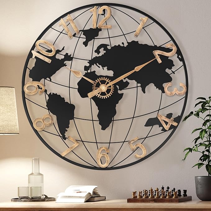 24 Inch Large Wall Clock for Living Room Decor,Big Modern Decorative Silent Metal World Map Wall Clock with Vintage Gold Arabic Numeral for Office,Living Room,Kitchen,Dining Room-Ruum Studio Home