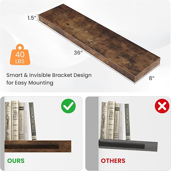 Floating Shelves for Wall, 36"W x 8"D x 1.5"H, Wooden Wall Mounted Display Shelves with Invisible Brackets for Living Room, Bedroom, Bathroom, Kitchen Decor and Storage, Set of 2, Rustic Brown-Ruum Studio Home
