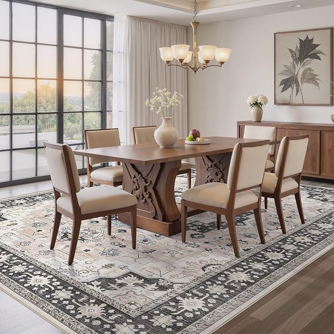 Washable Area Rugs for Living Room - 9x12 Neutral Vintage Distressed Floral Farmhouse Boho Large Soft Floor Rug Indoor Non Slip Carpet for Bedroom Dining Room Office - Pink/Dark Green-Ruum Studio Home