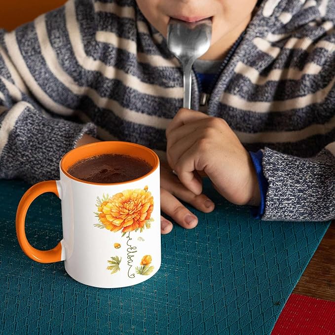 Unique Marigold Themed Ceramic Mug, Personalized Name Flower Accent Cup, Lovely Floral Coffee Mug 11oz 15oz, Custom Ceramic Mug For Flower Lover, Customized Marigold Decorative Cup-Ruum Studio Home