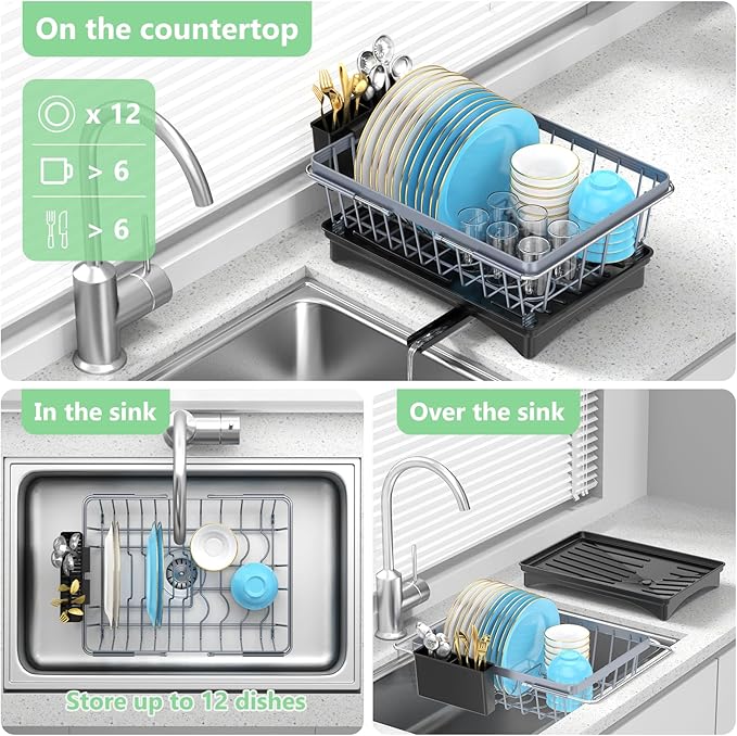 LEMIKKLE Expandable Dish Drying Rack- Space-Saving Dish Rack, Dish Drainers for Kitchen Counter with a Cutlery Holder, Over The Sink Dish Racks Fit for 14’’-19’’ Kitchen Sink Grey-Ruum Studio Home