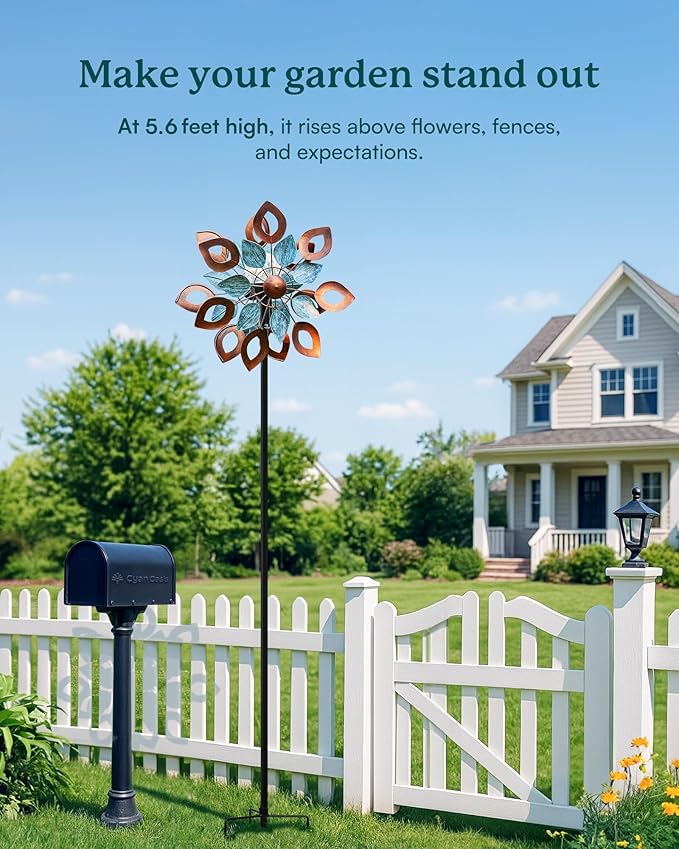 Copper Wind Spinners Outdoor 74 Inches with Solar LED Light, Kinetic Dual Wind Sculptures & Spinners for Yard Lawn Garden Decor, Large Metal Clearance Windmill with Bronze Leaf-Ruum Studio Home