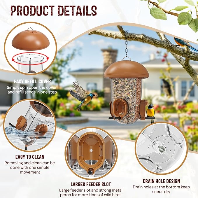 LONA Bird Feeders for Outdoors Hanging – 3 Separate Compartments, 3 Feeding Ports, Weatherproof Dome & 3 Ways to Hang, Large Capacity for Cardinals/Finches (Brown，Plus-Ruum Studio Home