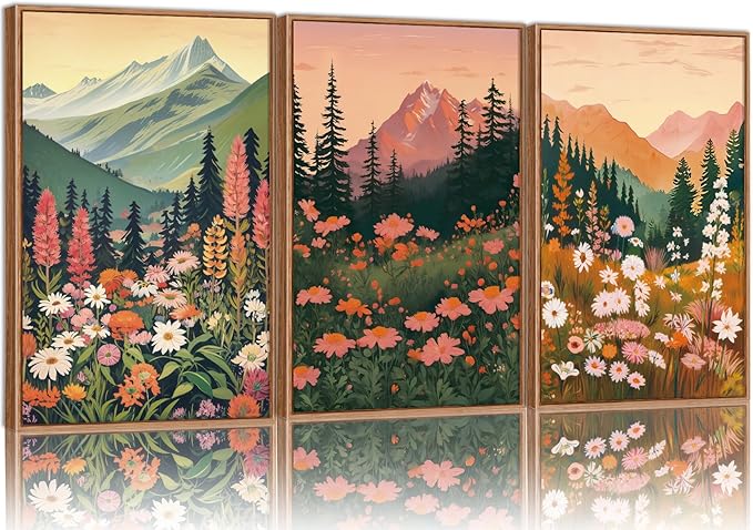 Tinonedraw Colorful Nature Flowers Framed Canvas Wall Art Set, Boho Blue Ridge Mountain Wall Decor,Floral Forest Scenery Artwork, Modern Wildflower Blossom Landscape Art Prints for Living Room Bedroom Office 16"x24"x3-Ruum Studio Home