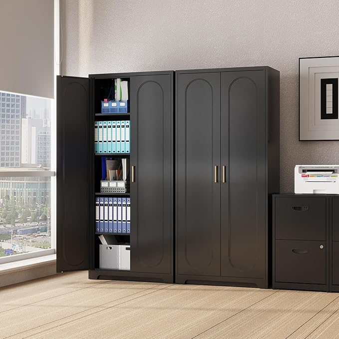 Metal Tall Black Cabinet, 71' Pantry Cabinet with Doors and 4 Adjustable Shelves, for Pantry, Laundry Room, Living Room, Dining Room-Ruum Studio Home