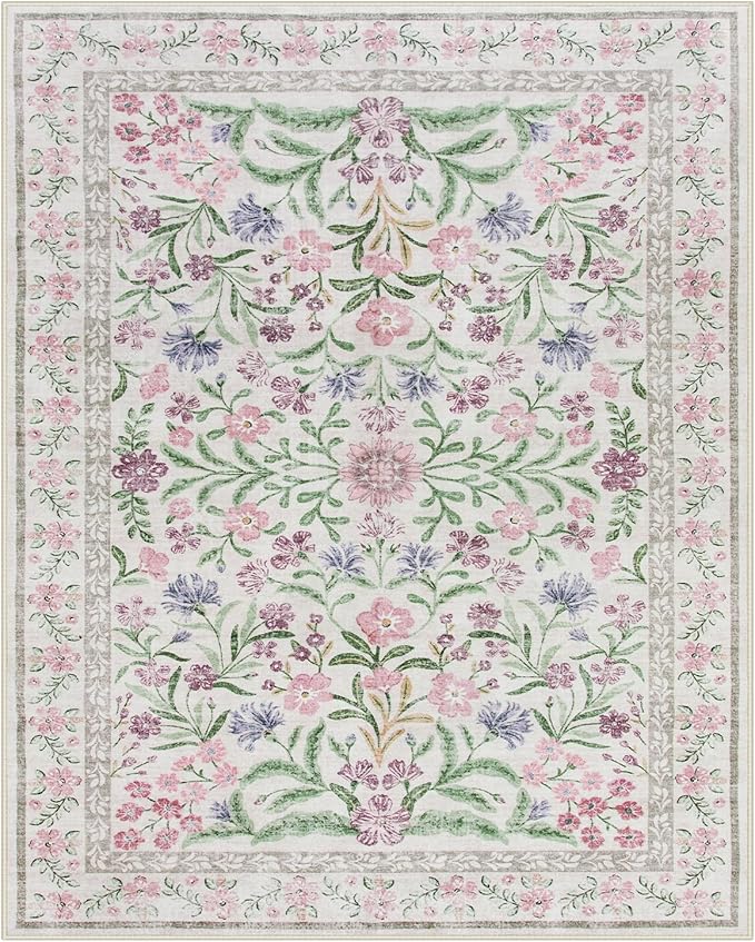 Wonnitar Purple Floral 8x10 Area Rugs, Washable Rug for Living Room, Soft Ultra-Thin Non-Shedding Large Indoor Boho Carpet for Bedroom Nursery Playroom Classroom Decor, Light Purple/Pink-Ruum Studio Home