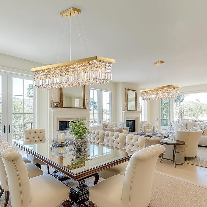 Modern Crystal Chandelier for Dining Room,Gold Luxury Crystal Chandelier,8 Lights Rectangular Rectangle Light Fixture for Living Room Kitchen Island L40''xW10''xH10''-Ruum Studio Home