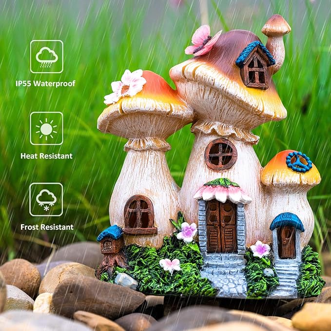 Solar Garden Statue Lights Mushroom Fairy House Figurine, Outdoor Memorial Garden Ornaments Waterproof Decoration for Outside Patio Yard Lawn Decor-Ruum Studio Home
