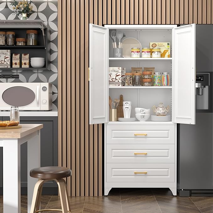 75" Kitchen Pantry Cabinet with 3 Drawer,Metal Storage Cabinets with Doors and 4 Adjustable Shelves,White Kitchen Cabinet with 2 Gold Handles,Food Cupboard for Livingroom,Pantry, Bathroom-Ruum Studio Home