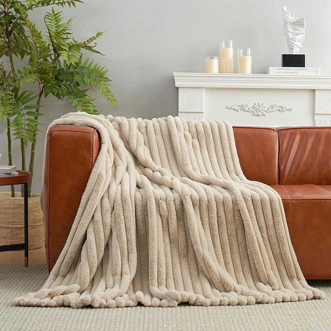 Amélie Home Faux Fur Throw Blanket for Couch, Cozy Fuzzy Fluffy Fur Luxurious Soft Striped Plush Gift Blankets for Family Sofa Chair Bed Living Room Bedroom, 55"x70", Beige-Ruum Studio Home