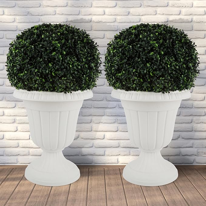 Pure Garden Outdoor Planter 2-Pack - 16x18-Inch Urn Planters - Plastic Plant Pots for Indoor, Outdoor, or Front Porch Decor - Flower Pots (White)-Ruum Studio Home