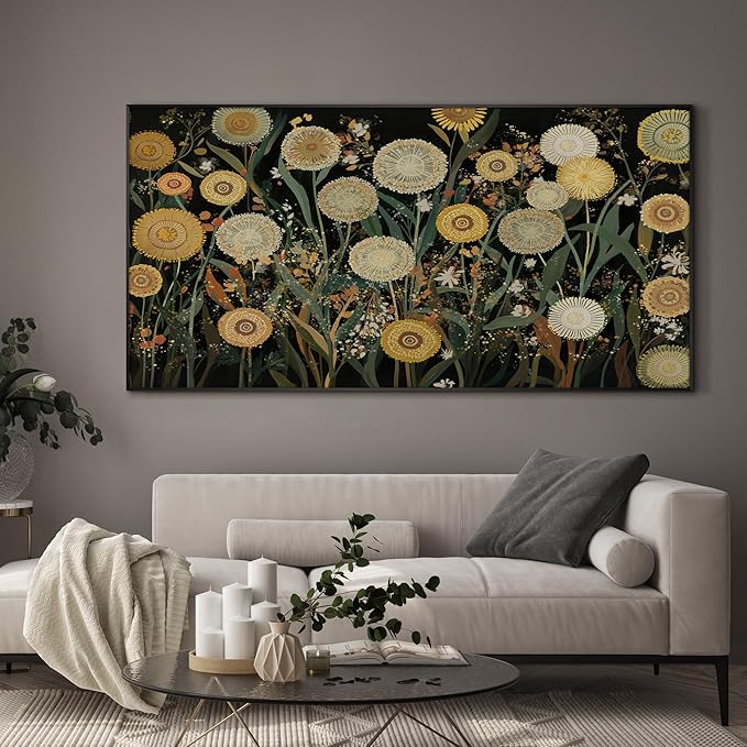 SIGNWIN 36"x72" Extra Large Framed Wall Art Whimsical Dandelion Field in Yellow and Green, Playful Botanical Print for Home Living Room Bedroom Decor (Frame Assembly Required)-Ruum Studio Home