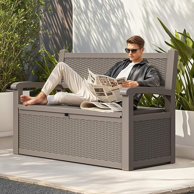 YITAHOME 70 Gallon Storage Bench Deck Box, Lockable Patio Bench, Waterproof Outdoor Pool Deck Storage for Patio Cushions, Garden Tools and Pool Supplies, Light Brown-Ruum Studio Home