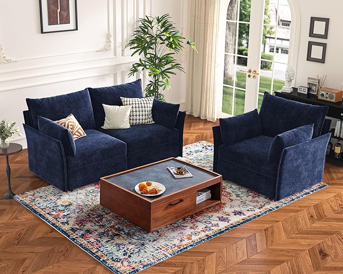 Luxury Modular Sectional Sofa, L-Shaped 3-Seat Couch with Storage Ottoman Deep Seat & Reversible Chaise Lounge Chenille Blue for Compact Spaces, Apartments, Dorm-Ruum Studio Home