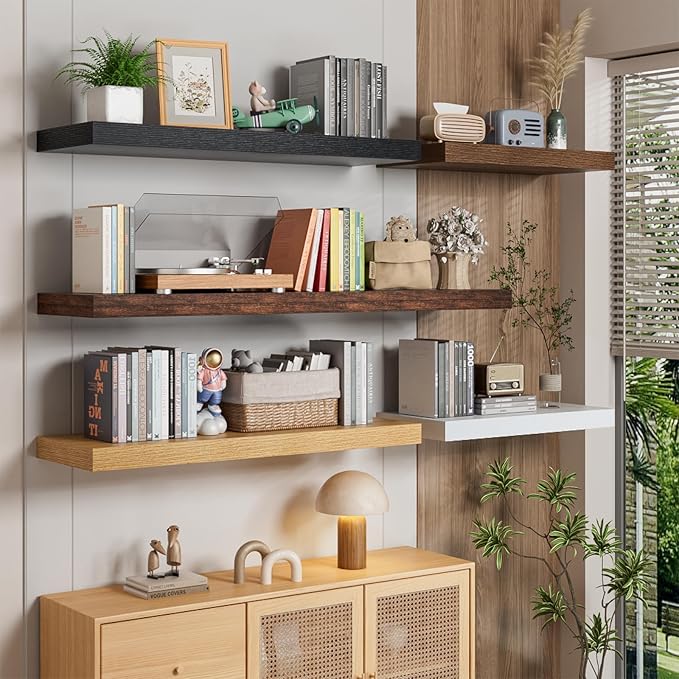 Heimlove 12" Deep Walnut Floating Shelves for Wall, 24 Inch Wall Shelf Bathroom Shelves Set of 2, Wall Mounted Shelves for Books Living Room Laundry Room Bedroom Kitchen Home Office-Ruum Studio Home